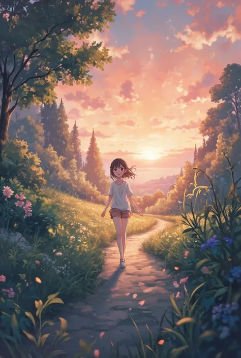 Anime girl walking in sunset path