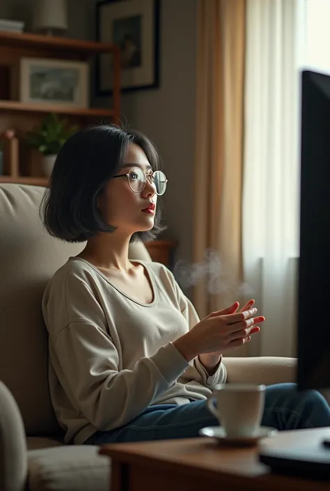 Photo of young woman sitting in living room. Korean woman wearing glasses . short hair.  Hair color dark gray mix dark brown  .  neat hair . wearing glasses. watching television. With coffe.