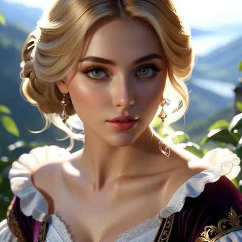 Garden, Blonde Hair, Hazel Eyes, Baroque Beauty, Natural Beauty, belladonna, shadowed cell, cell saded, dynamic lighting, DDIM, WLOP, Unreal Engine, global illumination, intricate detailed environment, intricate painting, HD, Razumov Konstantin, Vladimir V...