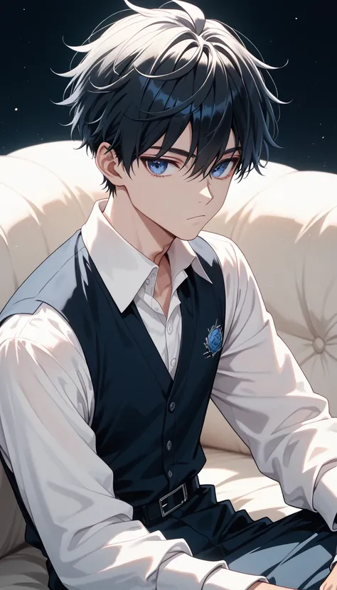 score_9, score_8_ up, score_7_ up,((8k)),1boy,blacl hair,dark blue eyes,Nagi-kun,(Petite), boy, melancholic expression ,blue moonstone ring,Minimal, dress shirt,((Alone))