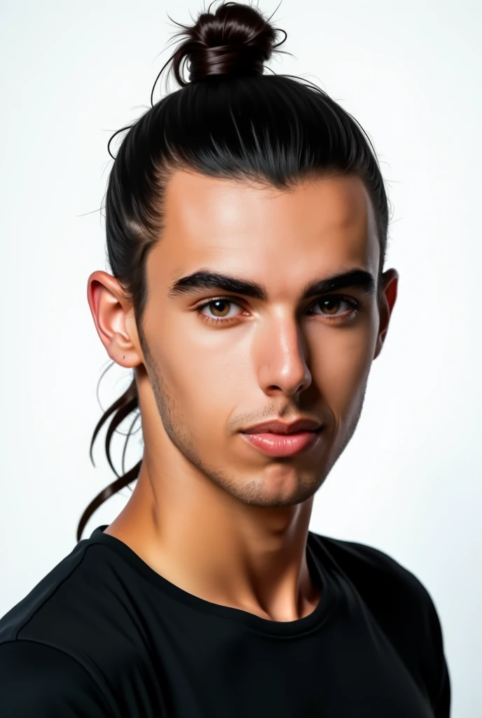 attractive young italian men with thin face and a samurai tied knot hair, his hair sides are shaved, he has green eyes, he wears a black shirt. Realistic. Masterpiece, portrait, white background.