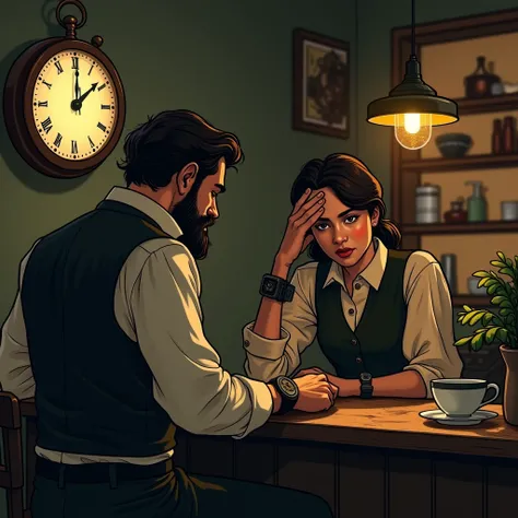 Illustrate a scene inside a cozy, late-night café. A man dressed in historical attire nervously orders coffee. His hands are covered in soot, and a strange, ticking device is strapped to his wrist. The man glances anxiously at a clock on the café wall. Mia...