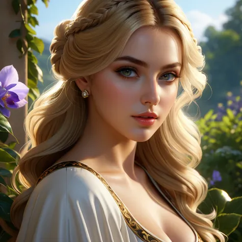 Garden, Blonde Hair, Hazel Eyes, Baroque Beauty, Natural Beauty, belladonna, shadowed cell, cell saded, dynamic lighting, DDIM, WLOP, Unreal Engine, global illumination, intricate detailed environment, intricate painting, HD, Razumov Konstantin, Vladimir V...