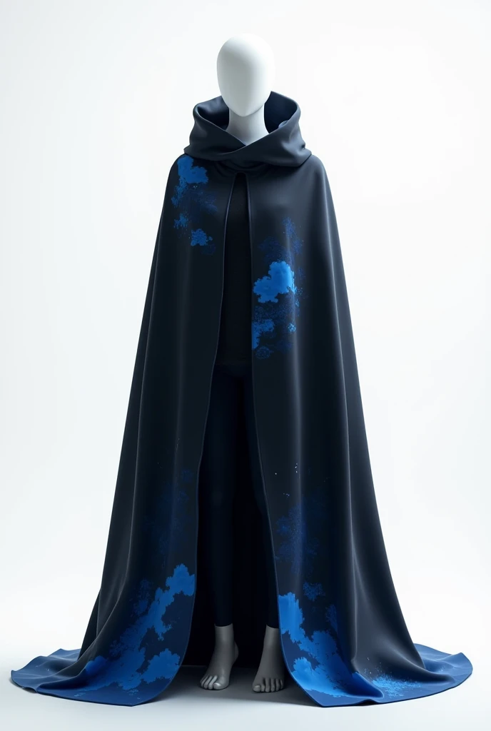 Create a black cloak just like Akatsuki with blue cloud symbols all over the mantle a white mannequin will be wearing with a white background