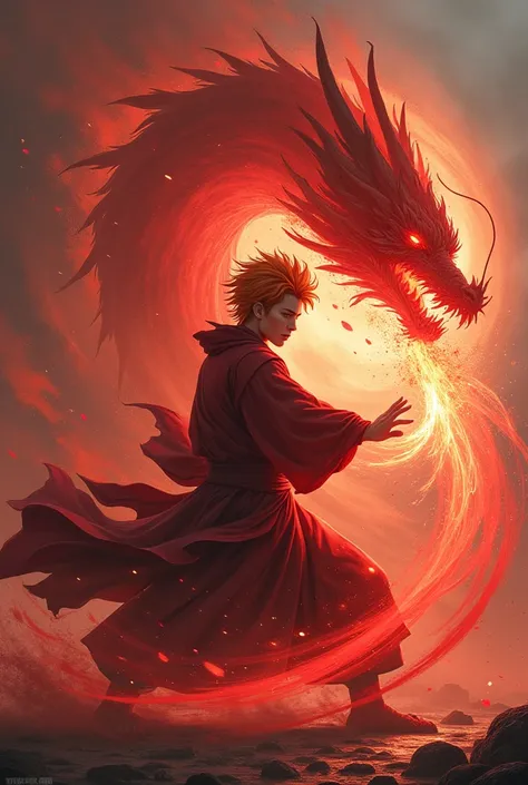 A monk with a messy orange hairstyle who is carrying a devastating crimson-red attack and on his back he puts the silhouette of a Western dragon the same color as the energy that emanates from the monks body 