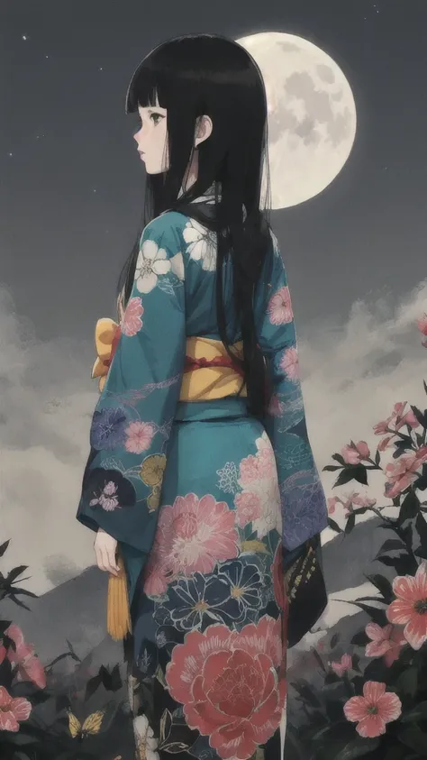 Princess Kaguya, Let your hair down,  Hair Black , masterpiece, Best Quality, Super detailed, Illustration,  1 girl, Alone,  high resolution on down,  photorealistic from thigh to toe,  ultra high resolution , (Original Illustration composition), ( Fusion ...