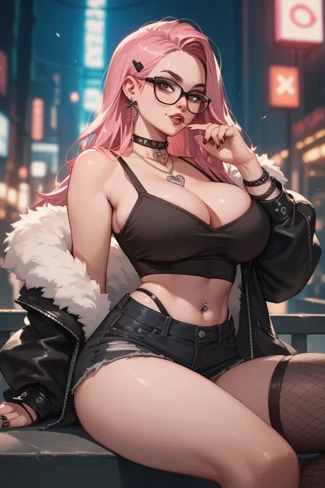 Curvy, glasses, sexy, large breasts, light pink long hair, BROWN EYES, emo style, clothed