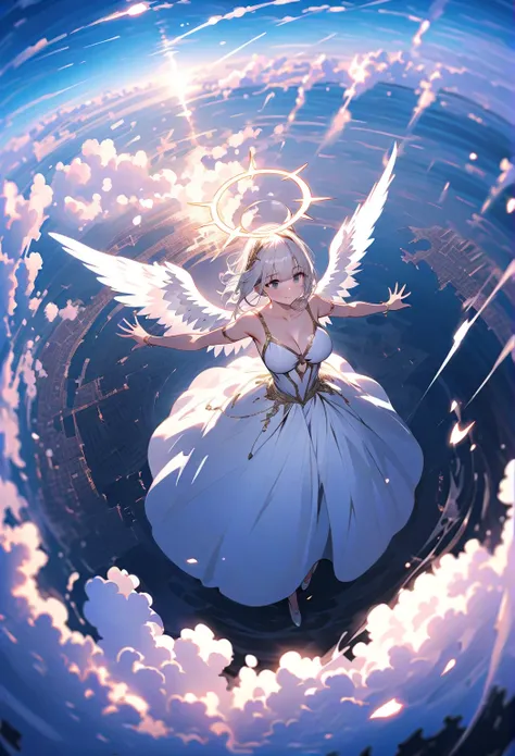 1girl((from back:1.5),very beautiful,angel,long platinum hair, wide-backed white dress,(big beautiful angel wing at chest),very beautiful shiny halo((blur:1.3)), spreading arms wide,  gently seeking salvation, at above the clouds, looking away on the world...