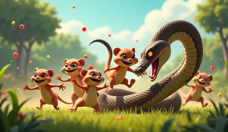 A dynamic 3D cartoon scene of multiple mongooses attacking a large snake together, displaying teamwork and aggression.