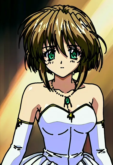 (((Best quality))), ((Ultra-detailed)), ((illustration)), ((frilld)), (1 girl),(Solo),1girl, breasts, dress, elbow gloves, jewelry, medium breasts, necklace, solo, strapless, brown hair, green eyes, short hair
