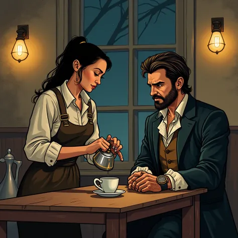 Illustrate a scene inside a cozy, late-night café. Mia, the café worker, is pouring coffee for a man dressed in historical attire. The man mutters, “It’s broken again. I don’t have much time,” as he anxiously looks at a strange, ticking device strapped to ...