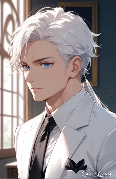 an elegant boy ,white-haired with a ponytail , blue eyes, a white formal suit with a black tie