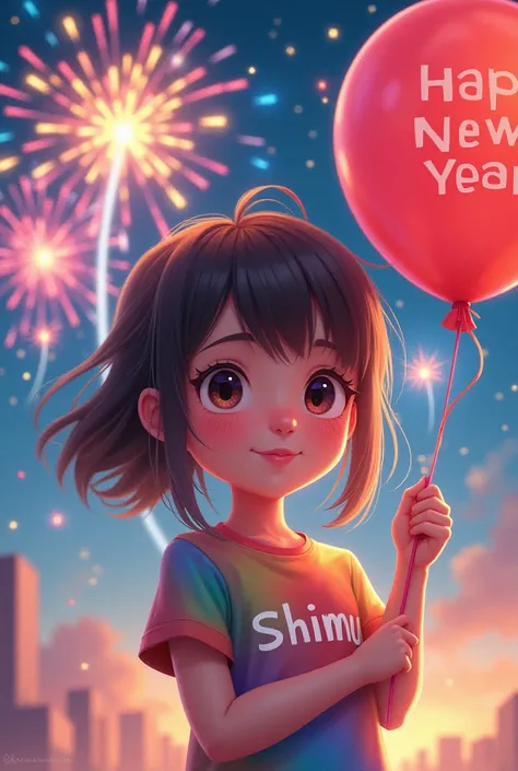 A girl with the name Shimu written on a colorful t-shirt is holding a balloon to wish Happy New Year. The balloon has Happy New Year written on it and fireworks are bursting all around.