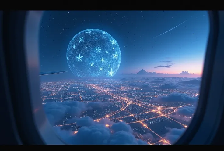 (masterpiece:1.2, high image quality,  Mirror Finish  ,  cinematic experience  , best illustration :2.0, super detailed ),8k,16k,( wallpaper:2.0),( view from an airplane window with a hologram in the night sky:2.0),(With a hologram in the night sky"  Merry...