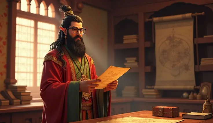 "A wise minister, Vidyanand, standing in a royal study, looking serious and determined. He is in traditional royal attire, with glasses and a thoughtful expression, holding a scroll in hisu hands as he examines the chest’s mystery. The room is filled with ...