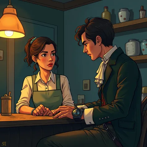 Illustrate a scene inside a cozy, late-night café. Mia, the café worker, is asking a curious question: “What’s broken?” A man dressed in historical attire taps a strange, ticking device strapped to his wrist and responds, “My stabilizer. I’m not supposed t...