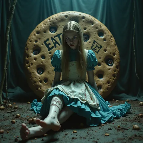 A professional photograph of Alice in Wonderland in the style of Shintaro Kago, captured with a Nikon D850 and a 50mm f/1.4 lens. Alice is depicted in a dark, surreal, and grotesque setting, sitting on the floor next to a giant cookie with written on it "E...