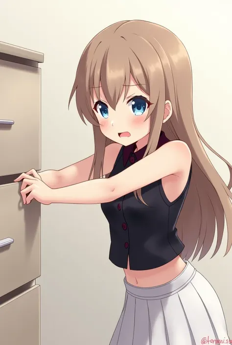 anime girl, long light brown hair, blue eyes, black hairband, minimalist sleeveless blouse, dark purple blouse, white skirt, collars, tucked-in blouse, buttons, pushing a drawer, arm muscles visible, arm muscles, pushing, struggling, 