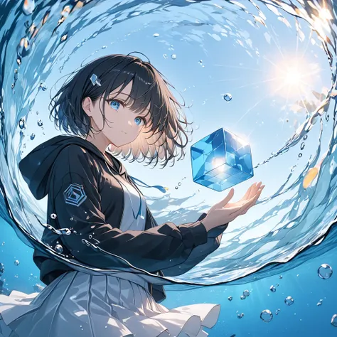 anime、((Amazingly absurd)),(masterpiece:1.2),超High resolution, Attention to detail, high quality, High resolution, 最high quality, 4K, 8k、A woman holding a glowing blue cube,A cube floating in your hand,Close-up,Black Hair,Short Hair,blue eyes,Black hoodie,...