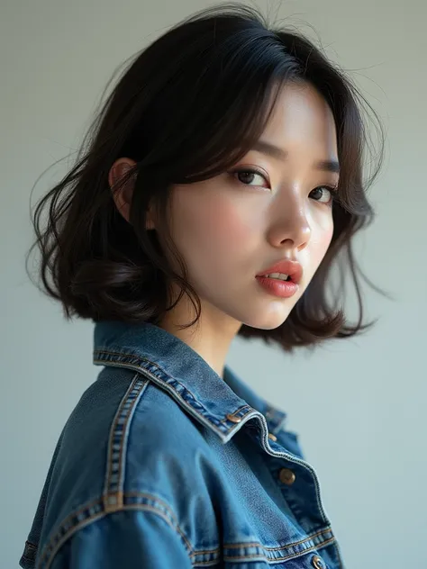 ((( top quality ))), Beauty , (( Denim Jacket )),  Middle Short Hair ,  upper body only ,  oblique profile