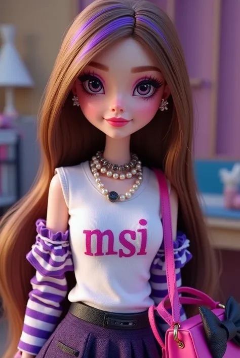 Create a realistic,  with a cute and gentle expression ,  with light brown hair and purple highlights in her hair Draculaura style from Monster High,  she wears a white shirt written  "msi"  with a wide purple striped blouse , She wore several necklaces , ...