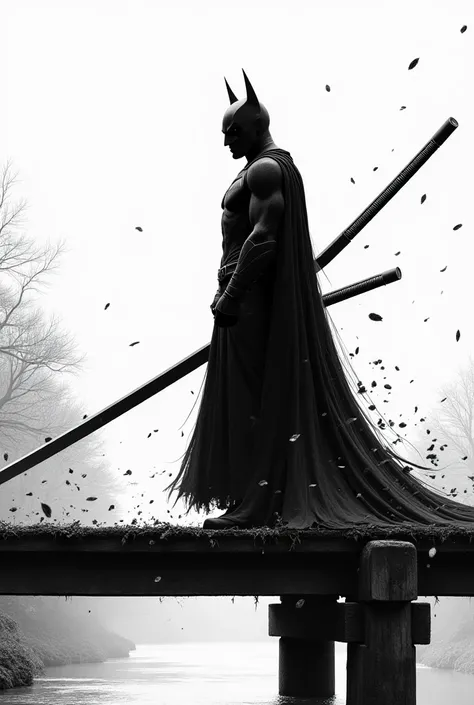  Superman and Batman in masterwork art ,  black and white style  , abstract painting of two colors in black and white,  character modeled after Benkei  ,  With a mask on its face ,  it forcefully lowers its long naginata  ,  is on a large bridge  , The bri...