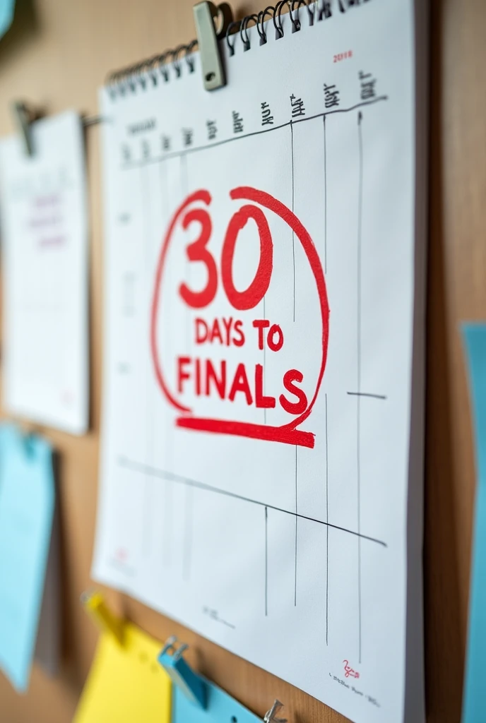 A calendar on the wall with “30 Days to Finals” circled in red. 