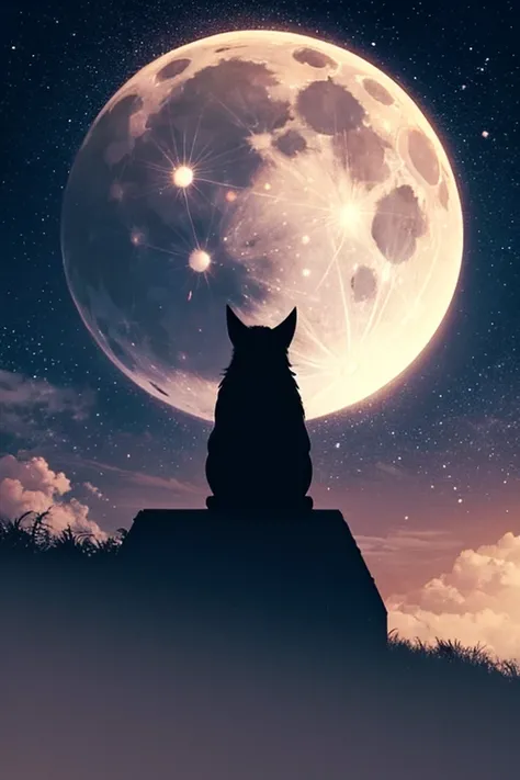  top quality ,Big moon and shadow,A silhouette of a person can be seen against the backdrop of a large moon.,There is one full moon,There is a mood, beautiful scenery, starry sky 