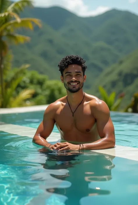 Cool photography style, a handsome Sundanese man ,wet short curls , black color , athletic skinny body , soaking in the clear blue hillside pool,, leaning back relaxing on the edge of the pool , smiling sweetly, set against the backdrop of a beautiful gree...