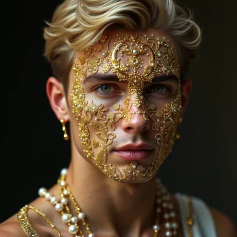 portrayed a young blond man with ,  gold and pearls jeweled all over his face, creating an elegant atmosphere 