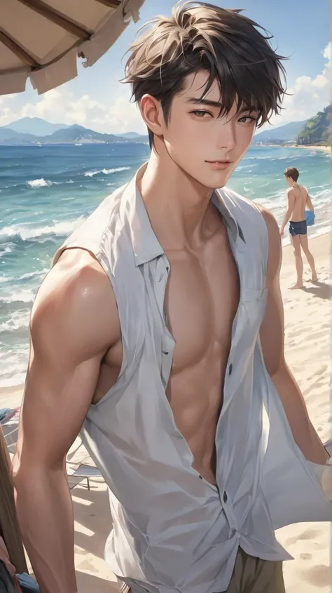 (photorealism:1.2),   very Handsome japanese man, 22-27 year-old,   beach, sunny, taking sun bath on the beach, standing, look at camera 