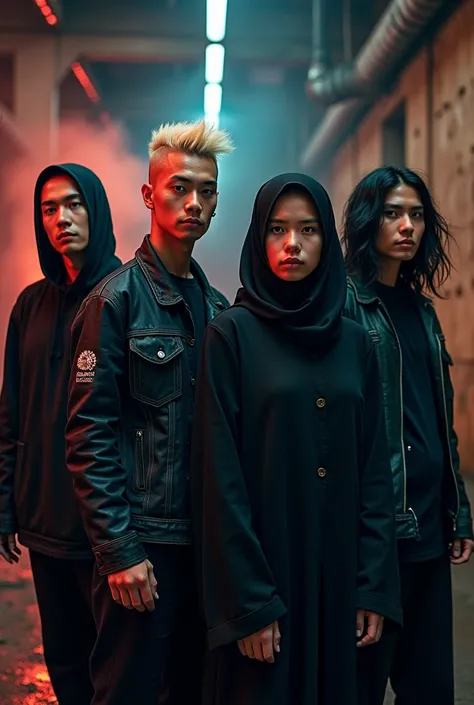  Make a rock album photo , 4 asians ,  3 guys and 1 girl in hijab ,  wrong 1 guy with black hair