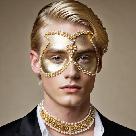 portrayed a young blond man with ,  gold and pearls jeweled all over his face, creating an elegant atmosphere 