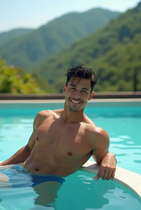 Leaning on the poolside ,Cool photography style, a handsome Sundanese man ,wet short curls , black color , athletic skinny body , soaking in the clear blue hillside pool,, leaning back relaxing on the edge of the pool , smiling sweetly, set against the bac...