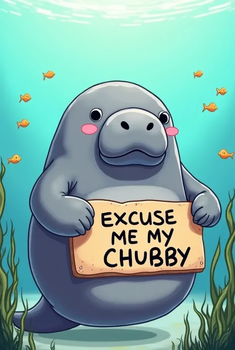  A manatees sign that says "Excuse me my chubby "  exactly as it says  