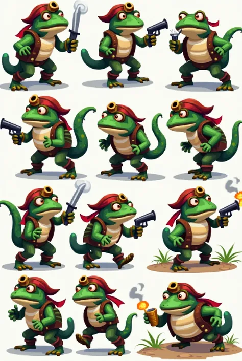  Make me a sprites pixel art of a pirate frog , With movements , attacks , rest and abilities 