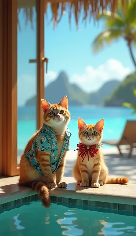  A family of cute anthropomorphic cats are spending time at a luxury resort in Bora Bora :  A family of anthropomorphic cats is relaxing in a private bungalow at a luxury resort in Bora Bora. Parents and cats are wearing tropical clothes ,  The kittens are...