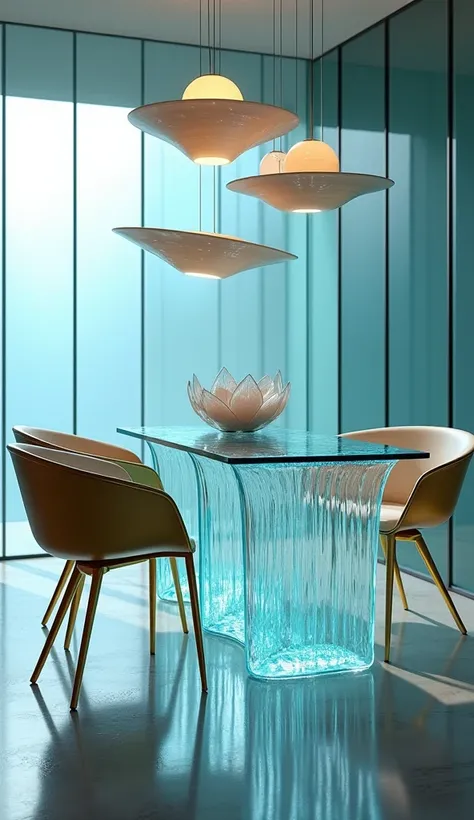 "Dining room design with a waterfall-shaped dining table. The table is made of transparent glass with clear water flowing through it, creating the illusion of a mini waterfall. On the table, there are leaf-shaped plates floating in the air with magnetic te...