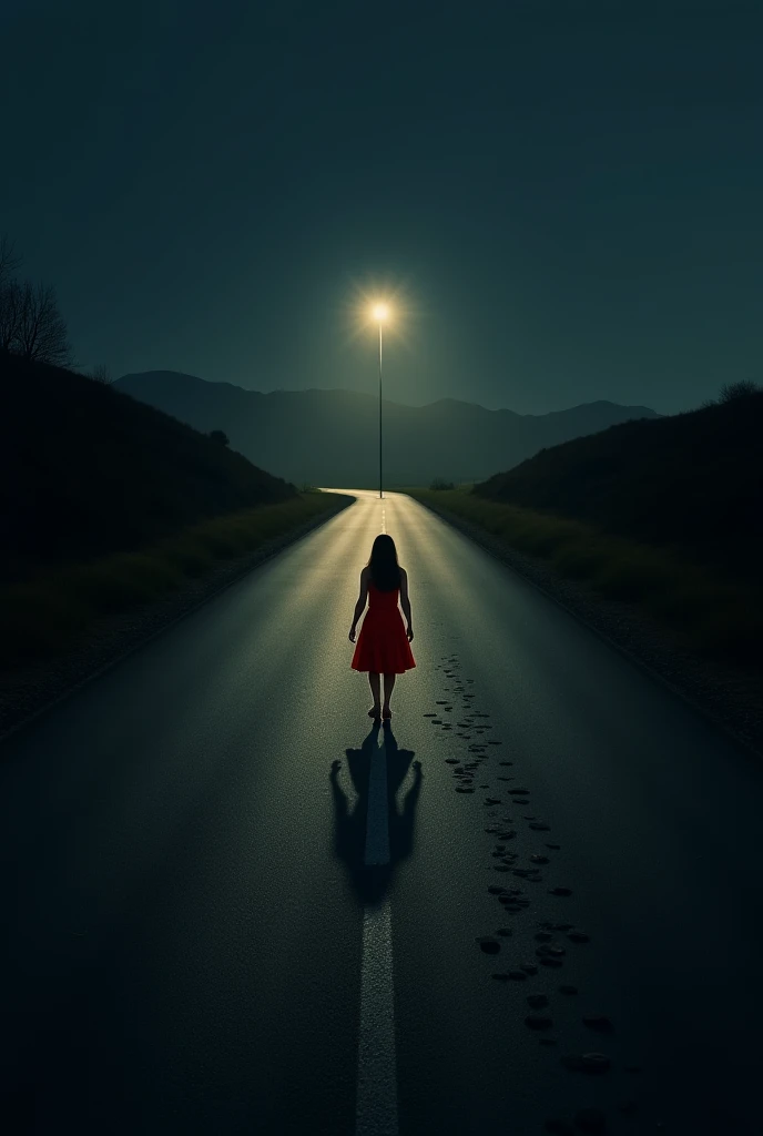 An empty, dark road lit by a distant streetlight, symbolizing a journey of solitude and uncertainty.

Imagery: A lone woman figure in red dress walking down a desolate road, leaving a trail of footprints behind.