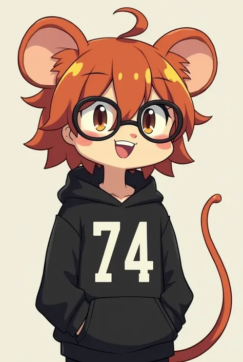 Faça um garoto de anime com square head no formato de um cubo ((square head)) ele tem um cabelo longo penteado para cima em forma de tuft da cor preta ((tuft)) he wears glasses,  has two teeth in the middle of the mouth and large looking like a mouse ,  bl...