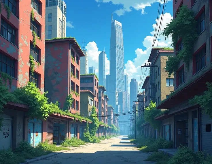  creates an image of an abandoned city, But in anime style, colorful, But that it looks worn out  