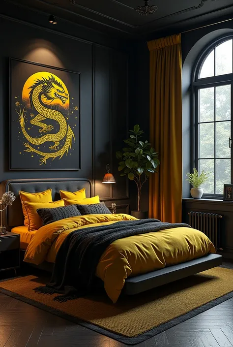 Male bedroom with aggressive and rebellious vibes, and has a black/yellow dragon and tiger aesthetic 