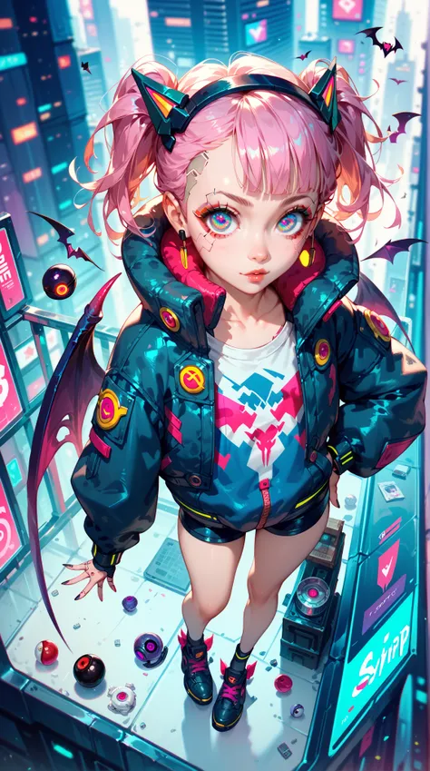  HD， high detail， Anime Girl，( s Mini :1.5)， Waterproof Big Eyes， Hip Hop Set ，Hip Hop Shoes ，lol，devil wings， Cyberpunk，from_above,looking_up,eyeball,