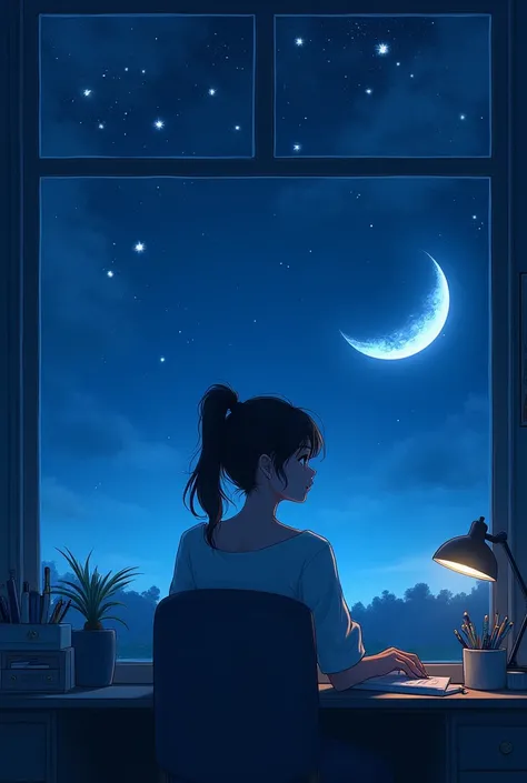 generate a picture for me. a woman with a messy ponytail hair beside her window sitting in front of her desk. Stars on skies, a half moon. Make it a bloomy blueish vibes. 512px by 800px. is the size