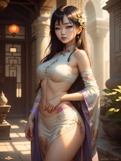 soft_light, (((soft lighting, Masterpiece portrait of Asian goth beauty wearing Cheongsam|bikini))), long hair, beauty mark, standing in A cozy small garden pool of an ancient Alhambra building, Persia-inspired, colorful pillows, and carpets, by Greg Rutko...