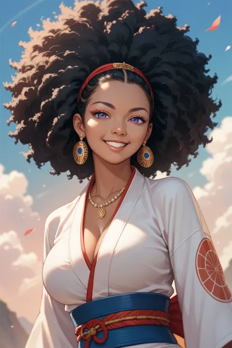 1girl, Afro Asian American woman, Blue eyes, Black Hair, Jewelry, Large breasts, Earrings, Smile, Purple Eyes, Anime Style, Samurai,