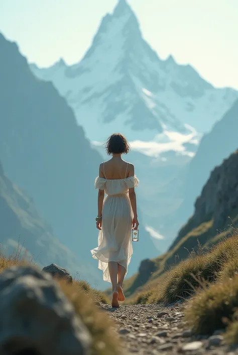 A pretty lady with short hair walking barefoot in the mountains and an hourglass