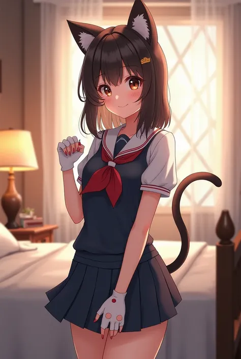 (masterpiece, best quality), 1 beautiful girl, cat ears, smile, slim body, (school uniform:1.1), (detailed beautiful eyes), paw gloves, bedroom, indoors,