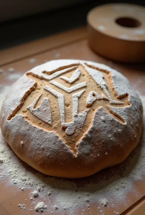 AIMP Logo on Sourdough Bread: Dusted with flour on top of a sourdough bread, just before baking, creating a visible image on the crust.