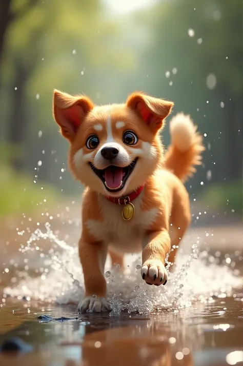 A dog with its moving tail ,  playing in a puddle or in the rain.